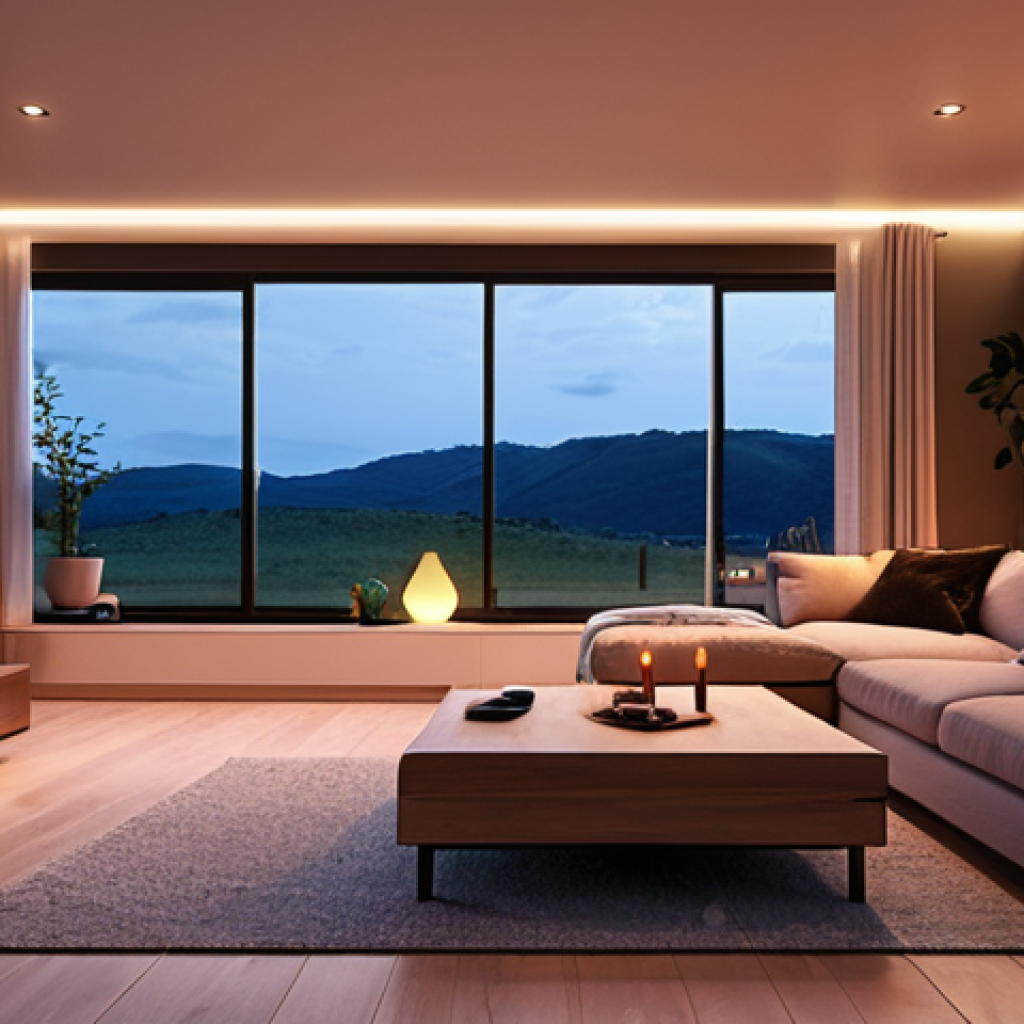 **

A cozy, modern living room at dusk. Smart lights are gently illuminating the space, highlighting a family relaxing. In the background, a smart thermostat displays a comfortable temperature. The scene emphasizes energy efficiency and comfortable living through IoT devices.

**