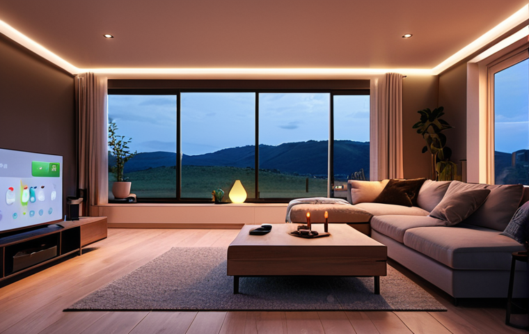 **

A cozy, modern living room at dusk. Smart lights are gently illuminating the space, highlighting a family relaxing. In the background, a smart thermostat displays a comfortable temperature. The scene emphasizes energy efficiency and comfortable living through IoT devices.

**