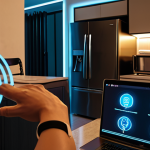 Smart Home & Data Security Concerns**

Prompt: A modern Vietnamese apartment. Half of the image depicts a brightly lit, convenient smart home scene: smart lights, a smart refrigerator, someone using a smart wristband. The other half is dark and ominous, with lines of code overlaid on the smart devices, representing hacking and data privacy concerns. Focus on the contrast between convenience and potential security threats.

**