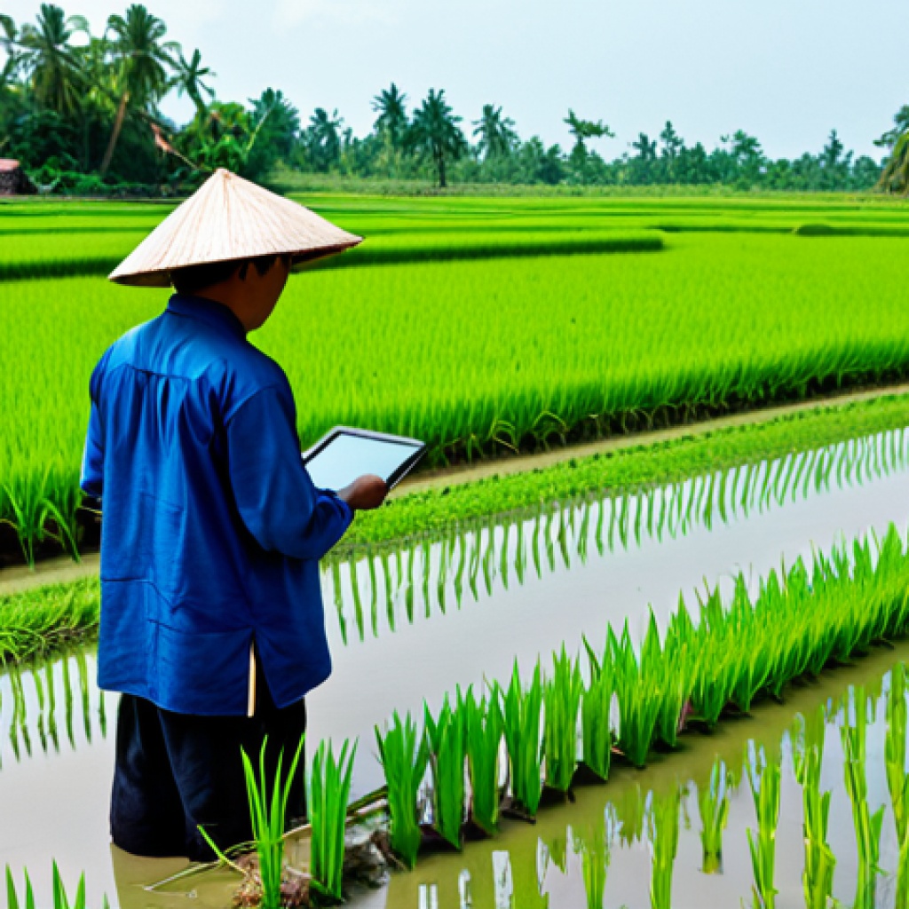**

A lush green rice paddy in the Mekong Delta, Vietnam, with IoT sensors monitoring soil moisture and weather conditions. A farmer, wearing traditional Vietnamese clothing, uses a tablet to check the data. The scene is bright and sunny, showcasing the beauty of the landscape and the integration of technology. Include rice plants in the foreground.
safe for work, appropriate content, fully clothed, professional, perfect anatomy, natural proportions, high quality

**
