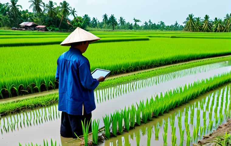 **

A lush green rice paddy in the Mekong Delta, Vietnam, with IoT sensors monitoring soil moisture and weather conditions. A farmer, wearing traditional Vietnamese clothing, uses a tablet to check the data. The scene is bright and sunny, showcasing the beauty of the landscape and the integration of technology. Include rice plants in the foreground.
safe for work, appropriate content, fully clothed, professional, perfect anatomy, natural proportions, high quality

**
