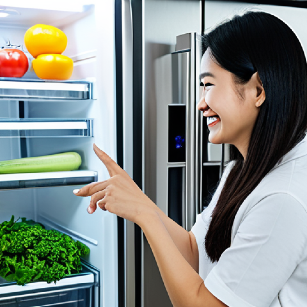 Smart Refrigerator in a Modern Kitchen**

A brightly lit, modern Vietnamese kitchen featuring a smart refrigerator. The refrigerator is stainless steel with a digital display.  A smiling, fully clothed woman (áo dài if appropriate) is placing fresh produce inside. Focus on cleanliness and organized food storage. Safe for work. Appropriate content. Fully clothed. Family-friendly. Perfect anatomy, correct proportions, natural pose, well-formed hands, proper finger count, natural body proportions. High quality, professional photography.

**