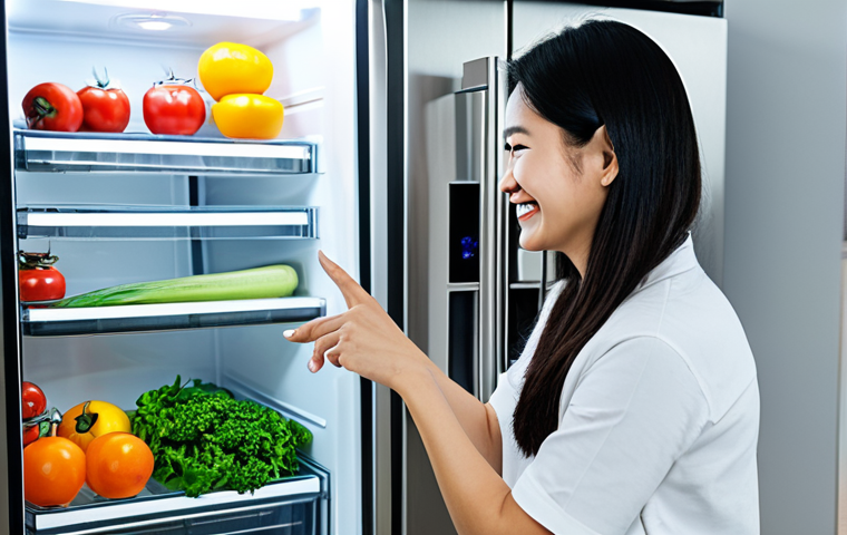 Smart Refrigerator in a Modern Kitchen**

A brightly lit, modern Vietnamese kitchen featuring a smart refrigerator. The refrigerator is stainless steel with a digital display.  A smiling, fully clothed woman (áo dài if appropriate) is placing fresh produce inside. Focus on cleanliness and organized food storage. Safe for work. Appropriate content. Fully clothed. Family-friendly. Perfect anatomy, correct proportions, natural pose, well-formed hands, proper finger count, natural body proportions. High quality, professional photography.

**