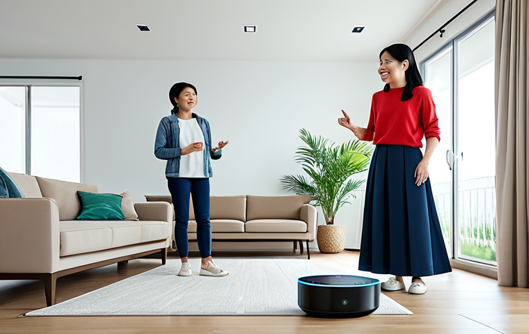 Smart Home Control**

"A bright, modern Vietnamese family living room. A woman, fully clothed in comfortable, stylish clothing, is smiling and gesturing towards a smart speaker (e.g., Google Home, Amazon Echo - visually generic version). In the background, smart lights are subtly changing color and a robot vacuum is cleaning the floor. The scene emphasizes ease and convenience. Safe for work, appropriate content, professional, family-friendly, perfect anatomy, natural pose, well-formed hands, natural body proportions, high quality."

**