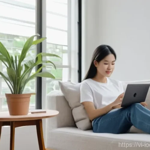 Home 25 스마트 스피커와 음악 서비스 연동하기 - **"A cozy, brightly lit modern living room in a contemporary Vietnamese apartment. A young woman, in...