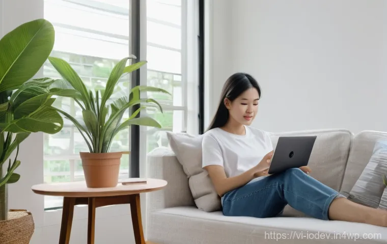 스마트 스피커와 음악 서비스 연동하기 - **"A cozy, brightly lit modern living room in a contemporary Vietnamese apartment. A young woman, in...