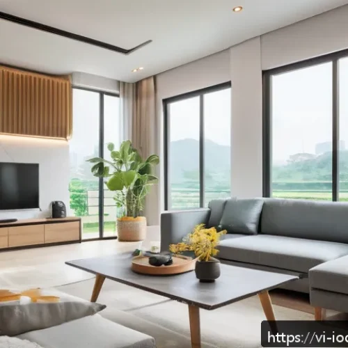 Home 15 IoT 기기와 스마트폰 연동 방법 - A modern Vietnamese smart home interior featuring a variety of IoT devices connected via Wi-Fi, incl...