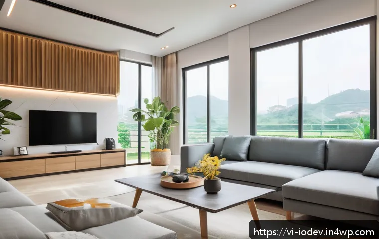 IoT 기기와 스마트폰 연동 방법 - A modern Vietnamese smart home interior featuring a variety of IoT devices connected via Wi-Fi, incl...